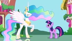 Size: 1366x768 | Tagged: safe, screencap, princess celestia, twilight sparkle, alicorn, pony, friendship is magic, animation error, layering fail