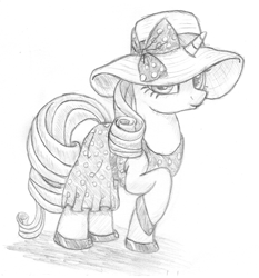 Size: 681x731 | Tagged: safe, rarity, pony, unicorn, /mlp/, 4chan, clothes, dress, hat, monochrome, request, sketch, traditional art