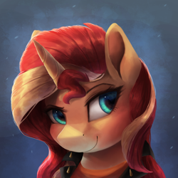 Size: 2900x2900 | Tagged: safe, artist:vanillaghosties, sunset shimmer, pony, unicorn, bust, clothes, cute, equestria girls outfit, female, horn, jacket, mare, portrait, shimmerbetes, smiling, solo