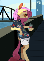 Size: 1000x1396 | Tagged: safe, artist:sterfler, fluttershy, pegasus, pony, semi-anthro, bipedal, clothes, drink, hawaiian shirt, solo, sunglasses