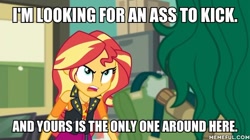 Size: 600x337 | Tagged: safe, edit, edited screencap, screencap, sunset shimmer, wallflower blush, better together, equestria girls, forgotten friendship, angry, image macro, meme