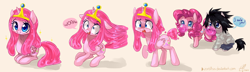 Size: 2500x715 | Tagged: safe, artist:zorbitas, pinkie pie, earth pony, food pony, original species, pony, adventure time, blushing, bubblegum, crossover, death note, dialogue, eating, l lawliet, open mouth, ponified, princess bubblegum, speech bubble