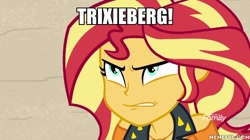 Size: 600x337 | Tagged: safe, edit, edited screencap, screencap, sunset shimmer, better together, equestria girls, forgotten friendship, angry, dinkleberg, discovery family logo, image macro, meme, the fairly oddparents