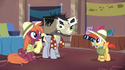 Size: 1920x1080 | Tagged: safe, screencap, derpy hooves, doctor caballeron, shutterbug, pony, stranger than fan fiction, cardboard box, clothes, cosplay, costume, doctor cardboarderon, fake cutie mark, majestic as fuck, scarf