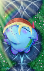 Size: 2600x4200 | Tagged: safe, artist:darksly, derpibooru import, rainbow dash, pegasus, pony, cute, daaaaaaaaaaaw, dashabetes, female, floppy ears, flower, grass, looking up, mare, overhead view, rain, sitting, smiling, solo, wallpaper, wet mane