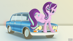 Size: 5120x2880 | Tagged: safe, artist:just rusya, starlight glimmer, pony, unicorn, car, simple background, sitting, smiling, vehicle