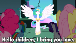 Size: 960x540 | Tagged: safe, fluttershy, pinkie pie, princess celestia, rainbow dash, rarity, alicorn, earth pony, pegasus, pony, unicorn, image macro, meme, the simpsons