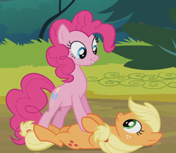 Size: 856x746 | Tagged: safe, screencap, applejack, pinkie pie, earth pony, pony, pinkie apple pie, cropped