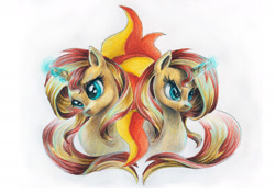 Size: 1654x1165 | Tagged: safe, artist:sinsofjoy, sunset shimmer, cutie mark, duality, glowing horn, traditional art