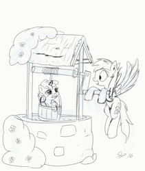 Size: 960x1140 | Tagged: safe, artist:halflingpony, derpy hooves, dinky hooves, pegasus, pony, female, mare, sketch, well, wip