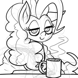 Size: 500x500 | Tagged: safe, artist:reiduran, pinkie pie, earth pony, pony, bags under eyes, coffee, coffee mug, monochrome, sleepy, solo