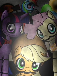 Size: 1536x2048 | Tagged: safe, artist:birdivizer, derpibooru import, applejack, fluttershy, rainbow dash, twilight sparkle, earth pony, pegasus, pony, robot, animatronic, applefreddy, applefreddy fazjack's pizzeria, five nights at aj's, five nights at freddy's, flutterchica, foxy dash, rainbow foxy, solo, twibon