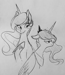 Size: 1110x1280 | Tagged: safe, artist:glacierclear, princess celestia, princess luna, alicorn, pony, monochrome, traditional art