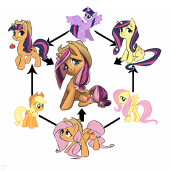 Size: 1500x1500 | Tagged: safe, artist:atryl, applejack, fluttershy, twilight sparkle, twilight sparkle (alicorn), alicorn, earth pony, pony, appletwishy, cute, female, fusion, fusion diagram, mare, twijackshy