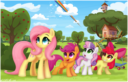 Size: 1590x1025 | Tagged: safe, artist:ctb-36, derpibooru import, apple bloom, fluttershy, rainbow dash, scootaloo, sweetie belle, pegasus, pony, cutie mark crusaders, scooter