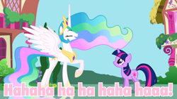 Size: 960x540 | Tagged: safe, princess celestia, twilight sparkle, alicorn, pony, caption, image macro, laughing, pink text, reaction image