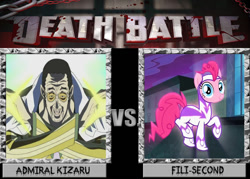 Size: 1008x720 | Tagged: safe, fili-second, pinkie pie, earth pony, pony, crossover, death battle, exploitable meme, fight, kizaru, meme, one piece, power ponies