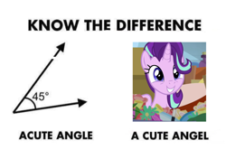 Size: 1264x891 | Tagged: safe, starlight glimmer, pony, unicorn, road to friendship, acute angle, cute, exploitable meme, female, glimmerbetes, image macro, know the difference, mare, meme, pun, smiling, solo, text