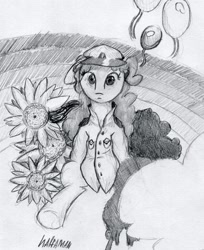 Size: 1223x1500 | Tagged: safe, artist:halfaman, pinkie pie, earth pony, pony, abstract, balloon, camomile, cap, clothes, cloud, flower, hat, looking at you, monochrome, paper, rainbow, shirt, solo, traditional art