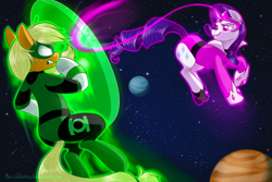 Size: 900x600 | Tagged: safe, artist:the-chibster, applejack, rarity, earth pony, pony, unicorn, dc comics, fight, green lantern, parody, star sapphire