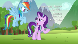 Size: 1280x720 | Tagged: safe, screencap, rainbow dash, starlight glimmer, pegasus, pony, unicorn, school raze, female, horn, mare