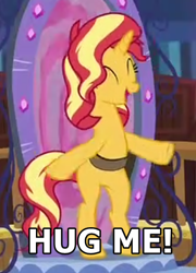 Size: 322x448 | Tagged: safe, edit, sunset shimmer, pony, unicorn, better together, equestria girls, forgotten friendship, bipedal, bronybait, eyes closed, female, happy, hug request, image macro, meme, portal, strap, text, text edit, twilight's castle