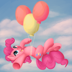 Size: 2500x2500 | Tagged: safe, artist:ac-whiteraven, pinkie pie, earth pony, pony, balloon, floating, solo, then watch her balloons lift her up to the sky, underhoof