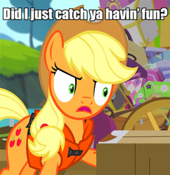 Size: 556x574 | Tagged: safe, applejack, earth pony, pony, pinkie apple pie, angry, caption, faic, female, frown, glare, image macro, mare, meme, no fun allowed, open mouth, reaction image, solo, the boondocks, wide eyes