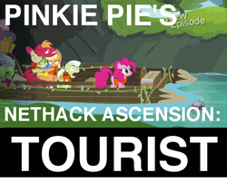 Size: 576x462 | Tagged: safe, apple bloom, applejack, big macintosh, granny smith, pinkie pie, earth pony, pony, pinkie apple pie, male, meme, nethack, raft, scariest cave in equestria, stallion, tourist