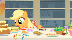 Size: 1054x592 | Tagged: safe, screencap, applejack, earth pony, pony, a bird in the hoof, buffet, ponies eating meat, sandwich, solo
