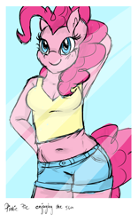 Size: 2500x4000 | Tagged: safe, artist:lisa400, pinkie pie, anthro, armpits, belly button, cleavage, clothes, female, midriff, muffin top, plump, polaroid, pose, shorts, sketch, solo, tanktop