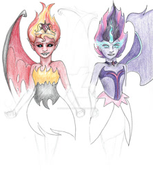 Size: 841x949 | Tagged: source needed, safe, artist:nokills-clan196, midnight sparkle, sci-twi, sunset satan, sunset shimmer, twilight sparkle, demon, equestria girls, friendship games, big crown thingy, equestria's monster girls, jewelry, midnightsatan, regalia, traditional art, wings, wip