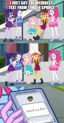 Size: 500x959 | Tagged: safe, fluttershy, pinkie pie, rarity, sunset shimmer, timber spruce, twilight sparkle, better together, equestria girls, text support, geode of empathy, geode of fauna, geode of shielding, geode of sugar bombs, geode of telekinesis, image macro, magical geodes, meme, send nudes, text