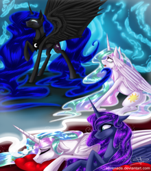 Size: 2000x2270 | Tagged: dead source, safe, artist:sevenada, nightmare moon, princess celestia, princess luna, alicorn, pony, bad dream, sleeping