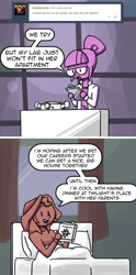 Size: 1280x2576 | Tagged: safe, artist:rawrienstein, sci-twi, sunset shimmer, twilight sparkle, equestria girls, answer, ask nerd dash, bed, blanket, clothes, female, implied marriage, lab coat, lesbian, question, reading, scitwishimmer, shipping, sunsetsparkle