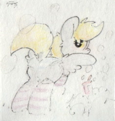 Size: 311x329 | Tagged: safe, artist:slightlyshade, derpy hooves, pegasus, pony, clothes, female, lowres, mare, socks, solo, striped socks, traditional art
