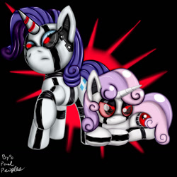 Size: 1280x1280 | Tagged: safe, artist:paulpeopless, rarity, sweetie belle, sweetie bot, pony, robot, robot pony, unicorn, cutie mark, female, filly, foal, hooves, horn, mare, prone, raised hoof, raribot, red eyes, solo