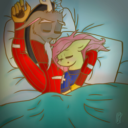 Size: 1000x1000 | Tagged: safe, artist:darkestsunset, discord, fluttershy, pegasus, pony, bed, clothes, cuddling, discoshy, female, male, shipping, sleeping, snuggling, straight, sweater, sweatershy