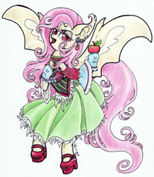 Size: 1000x1147 | Tagged: safe, artist:oriwhitedeer, fluttershy, pony, apple, bipedal, clothes, dress, flutterbat, mary janes, solo, traditional art