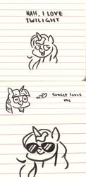 Size: 1280x2614 | Tagged: safe, artist:eeviart, sunset shimmer, twilight sparkle, cute, doodle, female, heart, heart eyes, lesbian, lined paper, marker drawing, shipping, sunglasses, sunsetsparkle, traditional art, twiabetes, wingding eyes