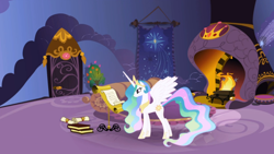 Size: 1366x768 | Tagged: safe, screencap, princess celestia, alicorn, pony, griffon the brush off, celestia's bedroom, scroll, solo