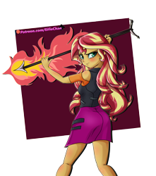 Size: 3000x3400 | Tagged: safe, artist:katakiuchi4u, sunset shimmer, better together, equestria girls, arrow, badass, blushing, clothes, cute, fiery shimmer, looking at you, shirt, simple background, skirt, solo, transparent background, vest, weapon