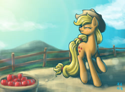 Size: 2631x1938 | Tagged: safe, artist:mrs1989, applejack, earth pony, pony, apple, fence, lens flare, one eye closed, solo, wink