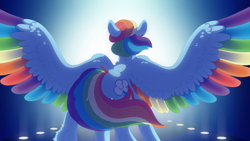 Size: 2560x1440 | Tagged: safe, artist:eleamorbid, artist:erisartiswitchcraft, derpibooru import, rainbow dash, pegasus, pony, back, colored wings, female, glow, rainbutt dash, rear view, solo, spread wings, wings