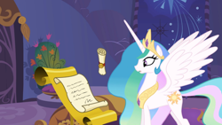 Size: 1366x768 | Tagged: safe, screencap, princess celestia, alicorn, pony, griffon the brush off, animation error, paper, scroll, solo, spread wings, wings