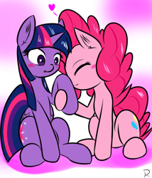 Size: 600x700 | Tagged: safe, artist:ranban, derpibooru import, pinkie pie, twilight sparkle, twilight sparkle (alicorn), alicorn, earth pony, pony, blushing, female, heart, lesbian, mare, pixiv, shipping, twinkie