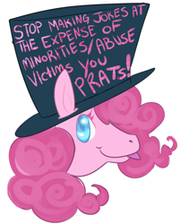 Size: 756x942 | Tagged: artist needed, safe, pinkie pie, earth pony, pony, :p, female, feminist ponies, hat, looking at you, mare, mouthpiece, smiling, solo, subversive kawaii, tongue out, top hat