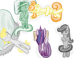 Size: 2000x1500 | Tagged: safe, artist:minosua, carrot top, derpy hooves, golden harvest, lyra heartstrings, octavia melody, twilight sparkle, twilight sparkle (alicorn), alicorn, earth pony, pony, cute, pillow, simple background