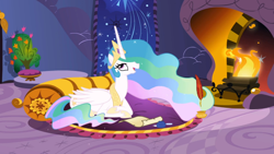 Size: 1366x768 | Tagged: safe, screencap, princess celestia, alicorn, pony, griffon the brush off, quill, scroll, solo, writing