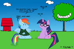 Size: 1586x1058 | Tagged: safe, artist:tolpain, derpibooru exclusive, derpibooru import, rainbow dash, twilight sparkle, unicorn twilight, earth pony, pegasus, pony, unicorn, chibi, dialogue, doghouse, duo, female, glasses, good grief, kite-eating tree, marcie, mare, outdoors, peanuts, peppermint patty, sigh, style emulation